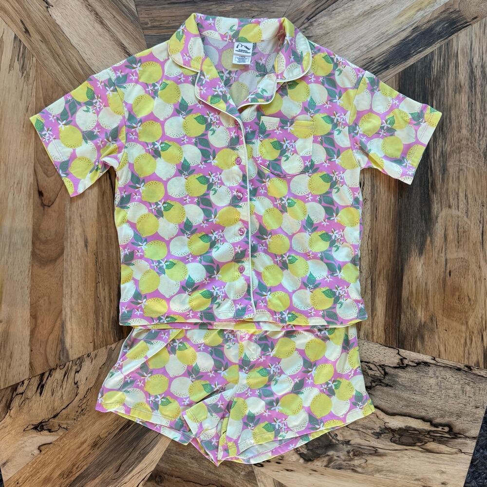 Art Class Girls Lemon Pajama Set Size L 10/12 Pink Yellow Button Up Pjs